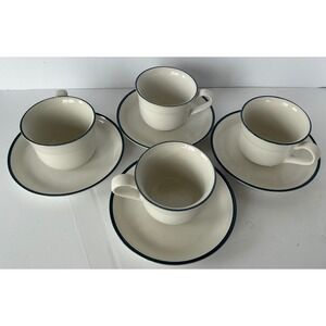 Royal Prestige Stoneware Tea Cup Saucer Set 8pc Cream‎ Blue Rim Japan Vintage